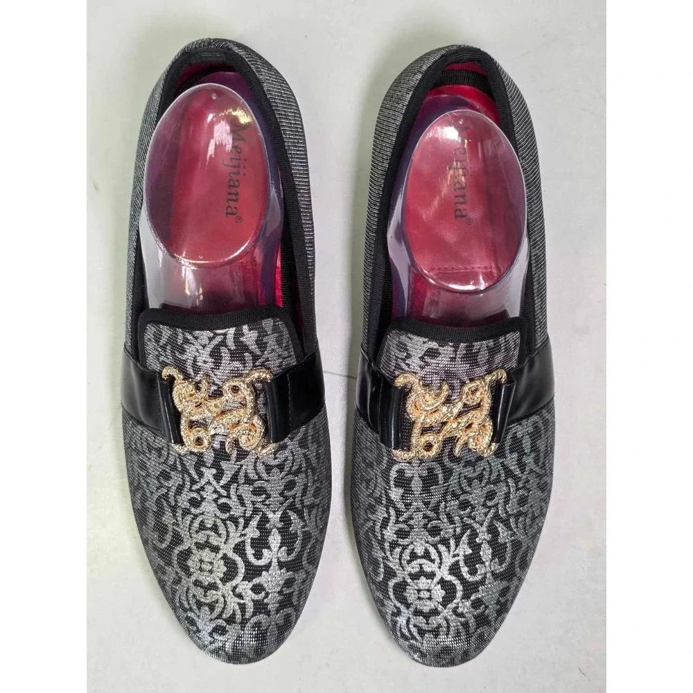Meijiana Men's Loafers Size 8 Silver Black Gold Snake Slip On Dress Shoes‎
